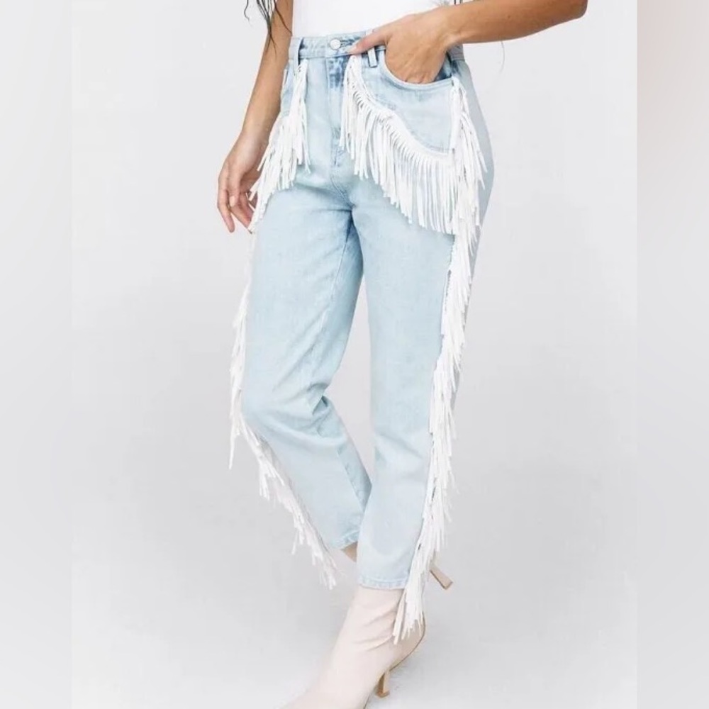 Nasty Gal High Waisted Fringe Mom Jeans Light Wash